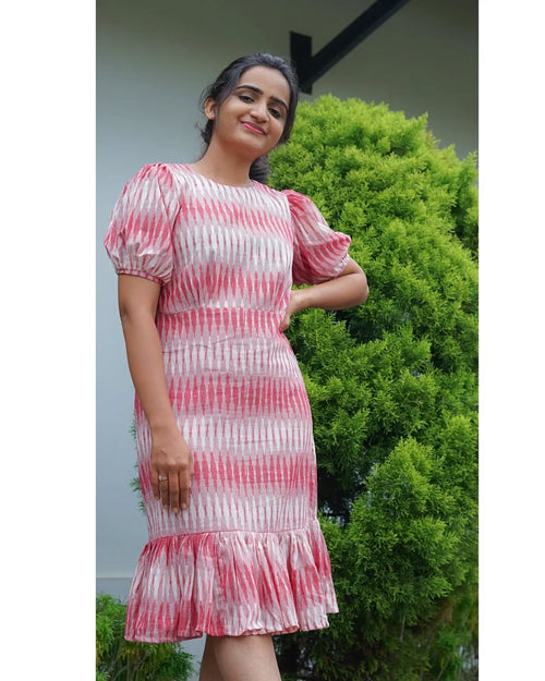 Ikkat Puff sleeved Flounce Hem Sheath Dress